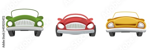 Set of cabriolet cars. Cartoon comic in funny style. Front view. Beautiful retro auto. Flat stile. Childrens illustration. Isolated on white background. Vector