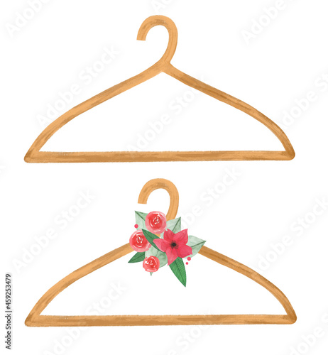 Watercolor fashion girlish hanger set with hook hand drawn illustration clip art and floral wreath. Empty hand drawn cartoon item isolated on white background.