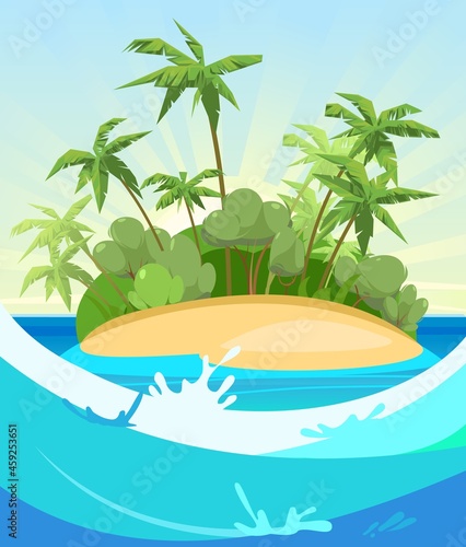 Fototapeta Naklejka Na Ścianę i Meble -  Island in the ocean. Cartoon style. Lights of sun. Blue sea. Jungle palm trees. Flat design illustration. Isolated on white background. Big waves. Vector.