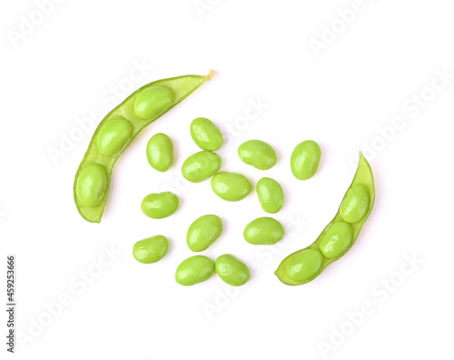 Green soybeans on white background. Top view