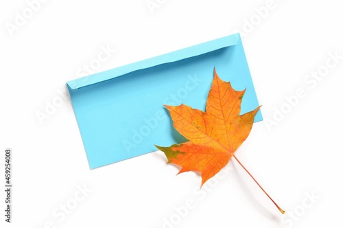 Blue paper envelope and maple leaf flat lay photography isolated on a white background. Stylish autumn mockup for design