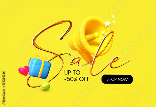 3D Sale gold design with megaphone. gift boxes and thumbs up hand. Special offer render space.