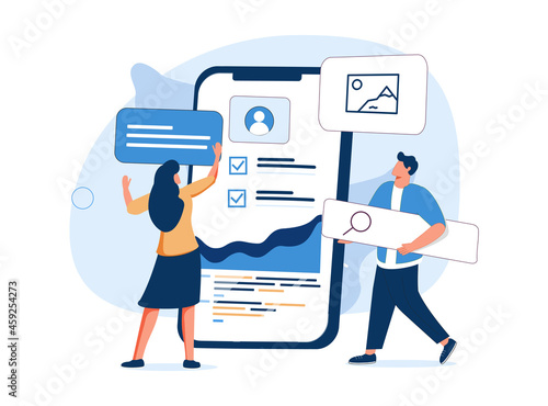 Woman standing in front of smartphone with website on screen. Concept of UI or UX design, user experience, touchscreen.