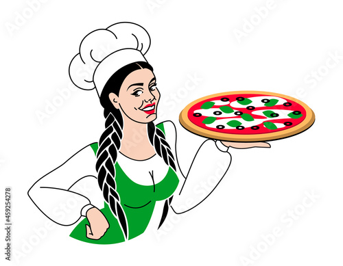 Young beautiful girl chef offer to taste pizza. For pizzerias, restaurants, cafe, menu, delivery. Woman cook preparing traditional italian dish.