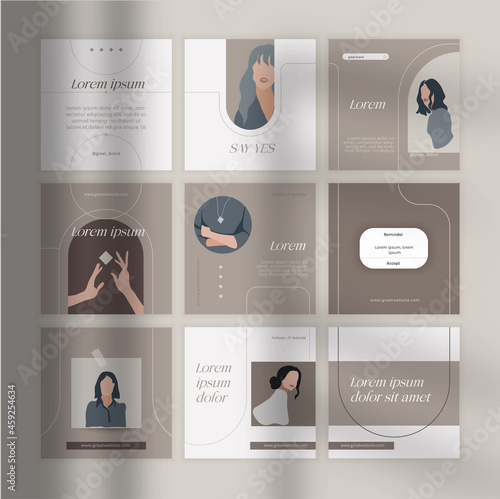 Square layouts for social media feed, 9 vector templates for social media posts, easy editing