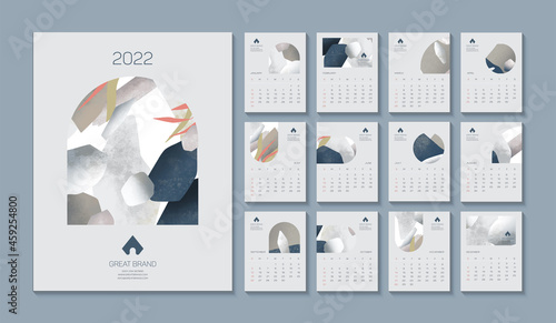 Calendar template, promotional corporate vector design with abstract shapes, 2022 
