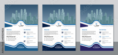 Set of 3 color variation flyer, brochure cover modern layout, annual report, poster, pamphlet template design, letter and a4 size.