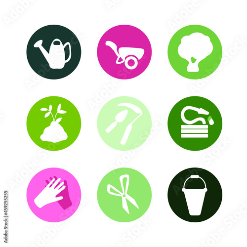 Web icons set - Gardening, tools, flowers. Garden elements: watering can, tree, seedling, watering hose, gloves, scissors, bucket