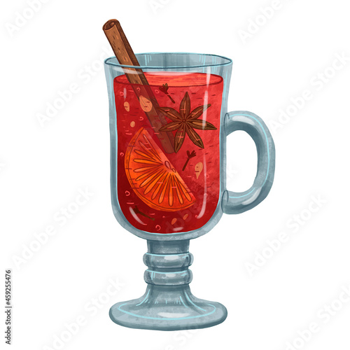 juicy illustration of mulled wine with spices in a glass glass with a stick of cinnamon, cardamom, orange, cloves for the new year or for cold evenings