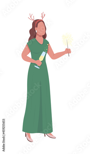Woman in yellow dress semi flat color vector character. Standing figure. Full body person on white. Christmas party isolated modern cartoon style illustration for graphic design and animation