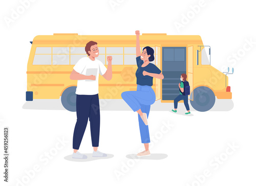 Parents send kid to school semi flat color vector characters. Full body happy people on white. Family members isolated modern cartoon style illustration for graphic design and animation