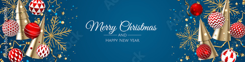 Merry Christmas and Happy New Year. Xmas background with realistic red balls. Levitation falling design composition.