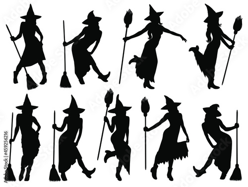 Black vector silhouettes of Halloween witches in long skirt and hat with broomstick. Collection of beautiful young witches icons for Halloween design.