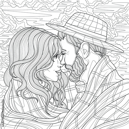 Couple hugging in a plaid.Coloring book antistress for children and adults. Illustration isolated on white background.Zen-tangle style. Hand draw