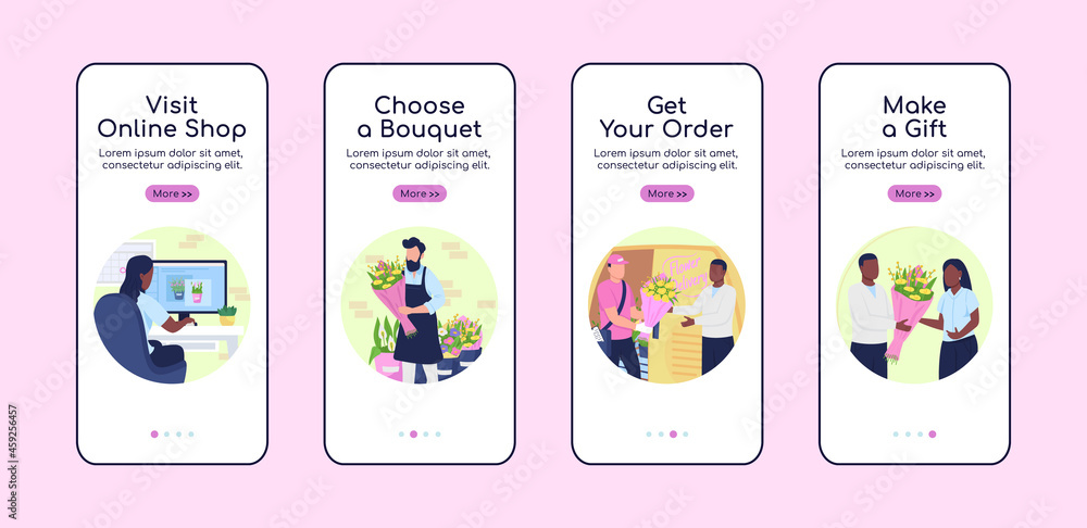 Order flowers onboarding mobile app screen flat vector template ...