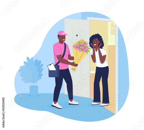 Delivering flowers 2D vector isolated illustration. Shipping romantic present to home door. Courier giving sent gift to woman flat characters on cartoon background. Florist services colourful scene