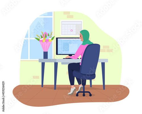 Workplace with gifted bouquet 2D vector isolated illustration. Female employee received flowers. Woman sitting at computer desk flat character on cartoon background. Office colourful scene