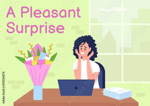 Flower delivery service poster flat vector template. Pleasant surprise. Brochure, booklet one page concept design with cartoon characters. Florist service flyer, leaflet with copy space