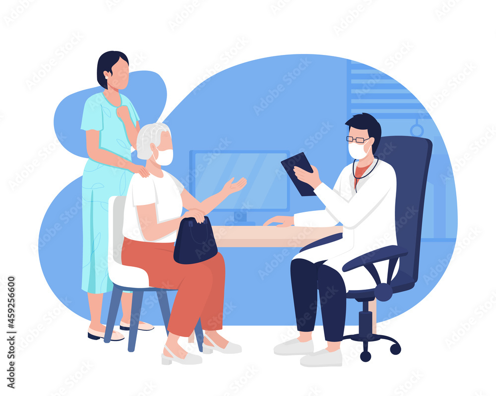 Fototapeta premium Doctor consultation 2D vector isolated illustration. Visit to physician. Health diagnostics. General practitioner with patients flat characters on cartoon background. Medical care colourful scene