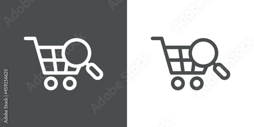 Logotipo con silueta de carrito de la compra con lupa con lineas en fondo gris y fondo banco