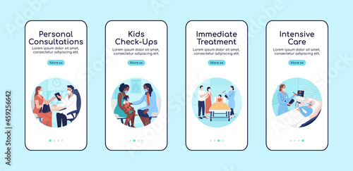 Hospital treatment onboarding mobile app screen flat vector template. Walkthrough website 4 steps with characters. Creative UX, UI, GUI smartphone cartoon interface, case prints set