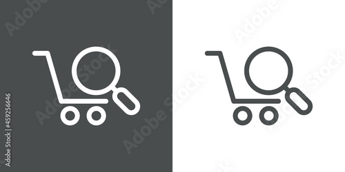 Logotipo con silueta de carrito de la compra con lupa con lineas en fondo gris y fondo banco