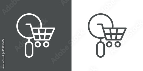 Logotipo con silueta de carrito de la compra con lupa con lineas en fondo gris y fondo banco