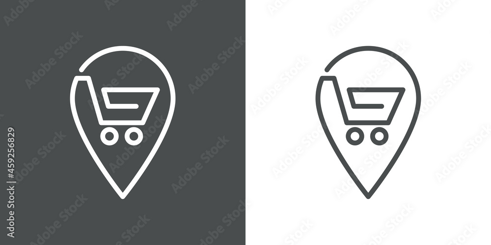 Logotipo con silueta de carrito de la compra con puntero de posición con lineas en fondo gris y fondo banco Logotipo con silueta de carrito de la compra con puntero de posición con lineas en fondo gris y fondo banco