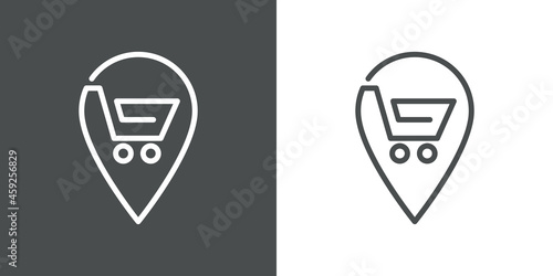Logotipo con silueta de carrito de la compra con puntero de posición con lineas en fondo gris y fondo banco