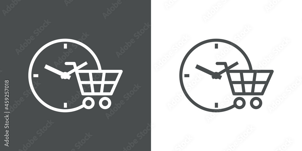 Logotipo con silueta de carrito de la compra con esfera de reloj simple con lineas en fondo gris y fondo banco Logotipo con silueta de carrito de la compra con esfera de reloj simple con lineas en fondo gris y fondo banco