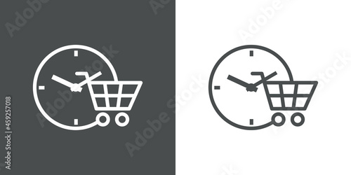 Logotipo con silueta de carrito de la compra con esfera de reloj simple con lineas en fondo gris y fondo banco