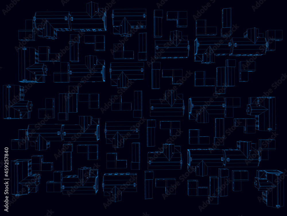 Background with the contours of houses from blue lines on a dark background. View from above. Vector illustration