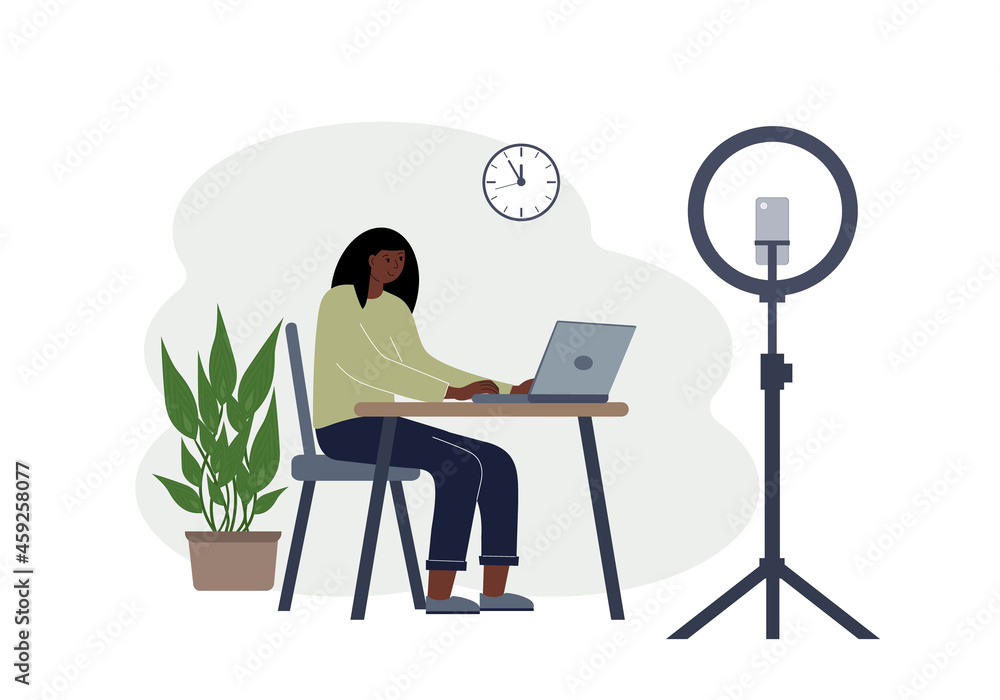 Illustration of a female blogger at the table with a laptop. Online filming of a training course or blog