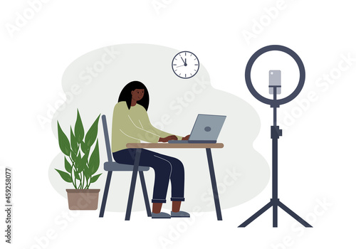 Illustration of a female blogger at the table with a laptop. Online filming of a training course or blog