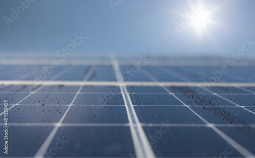 Close-up of Solar energy panel photovoltaics module. Copy space, banner. Abstract solar panels texture background.