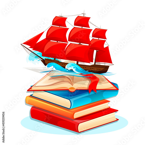 Scarlet sails is travelling on waves in the ocean. Red, orange and blue books in the background. Concept of education and graduation. Vector illustration
