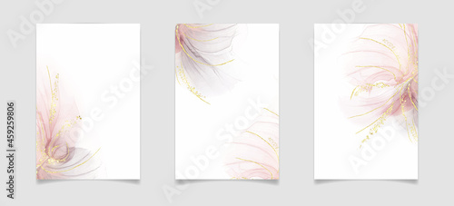 Abstract rose blush and grey liquid watercolor background with golden lines, dots and stains. Pastel marble alcohol ink drawing effect. Vector illustration design template for wedding invitation