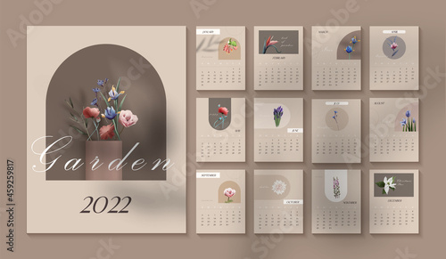 Calendar 2022, card pages of calendar with separate  monthes cards, botanical illustration with flowers, social media posts design, warm colors, with organic shadow photo