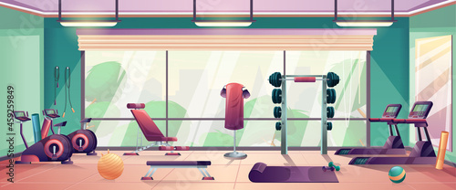 Gym interior with mirror, green walls, three lamps, panoramic window with park and cityscape view, running track, dumbbell, barbell, cycling and fitness equipment. Vector illustration