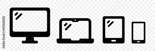 Device icons set. Containing desktop computer, laptop, smartphone and tablet icon on transparent background.