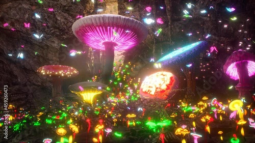 A mysterious magical cave with flying butterflies and magical glowing mushrooms. The concept of magical mushrooms. The looped animation is perfect for fairy tales, fantasy and magical backgrounds photo