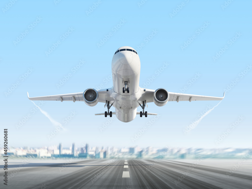 Naklejka premium Passenger airplane above runway on cityscape background. 3d render.