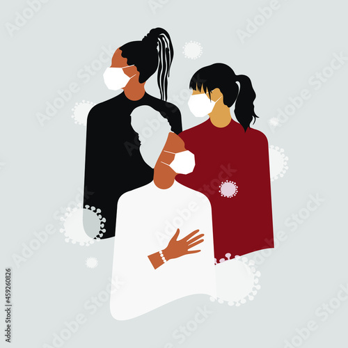 Women in medical masks of different nationalities and religions. Female solidarity. Coronavirus quarantine concept. People experience fear and anxiety. Vector.