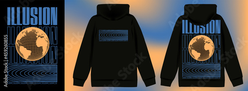 Abstract poster illusion. Stylish sweatshirt with a hood in Acid Graphic style, trendy streetwear, vector illustration