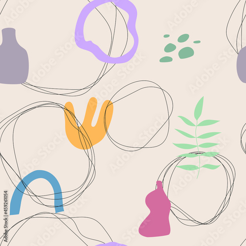 Hand drawn geometric seamless modern abstract pastel multicolored vases pattern. Cute vector line for paper, fabric background.