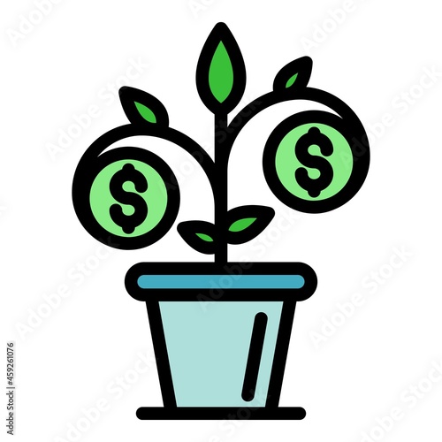 Money plant pot icon. Outline money plant pot vector icon color flat isolated