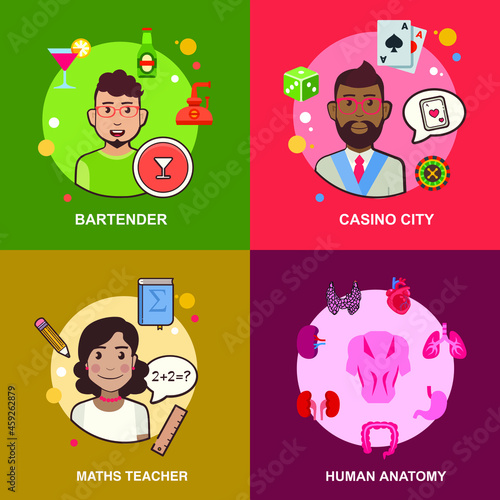 Casino, bartender, maths teacher, human anatomy flat vector collection design set