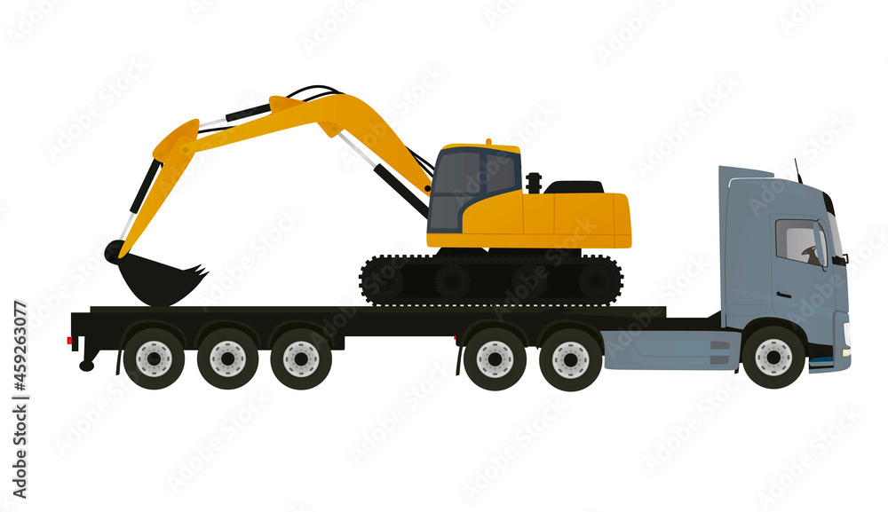 Truck transport excavator. vector illustration