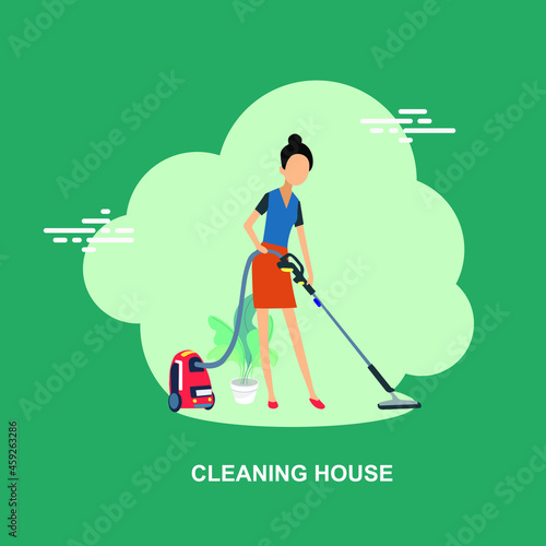 Cleaning house with beautiful girl using vacuum cleaner and removing dust from floor flat concept design