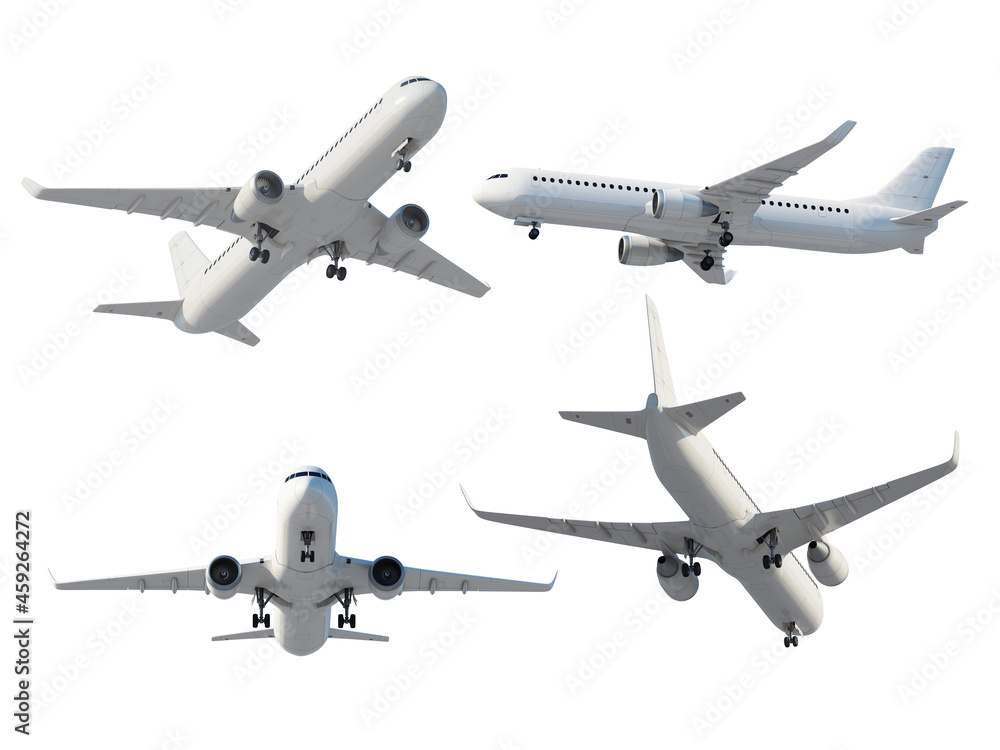 Obraz premium Passenger airplanes in flight isolated on white background. 3d render.